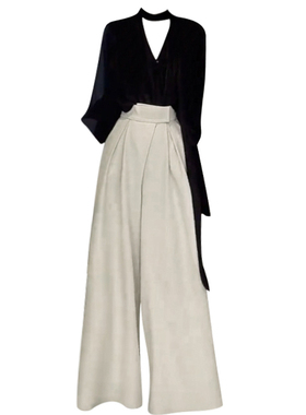 大码胖mm韩系黑色v领飘带长袖衬衫显瘦阔腿裤两件套气质减龄穿搭