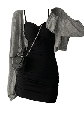 大码女装胖mm纯欲甜辣风褶皱抹胸吊带连衣裙针织防晒开衫显瘦套装