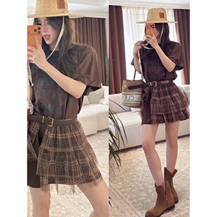 胖MM韩系复古字母印花显瘦宽松上衣高腰百搭条纹网纱拼接短裙 大码