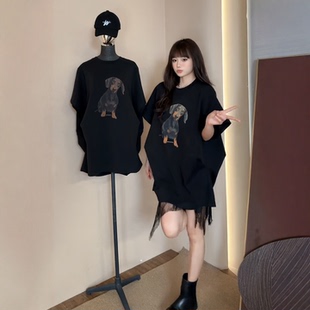 大码胖妹妹美式复古印花短袖T恤蕾丝不规则短裙独特绝美百搭套装