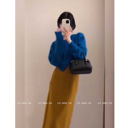 大码胖mm法式复古蓝色长袖针织开衫女春秋垂感半身裙上衣两件套装