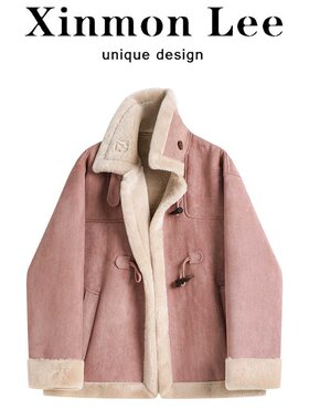 大码胖MM复古羊羔毛皮毛一体外套女高级感牛角扣百搭短款皮草大衣