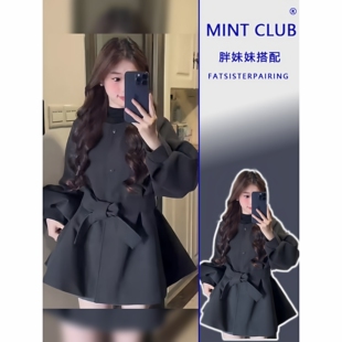 法式灯笼袖毛呢外套女春秋大码胖妹妹系带收腰显瘦中长款时髦大衣