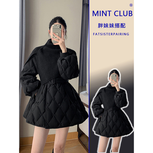 慵懒风高领保暖针织斗篷披肩菱形格收腰棉服两件套装 胖mm冬季 大码