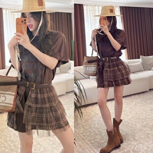 大码 复古字母印花慵懒休闲宽松上衣高腰百搭条纹半身裙女 胖MM美式