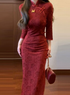 大码胖mm国风新中式红色旗袍连衣裙女春季复古高级感收腰显瘦长裙