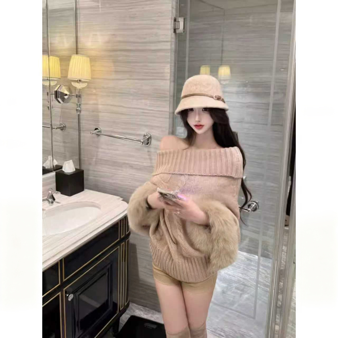 法式慵懒风高级感一字领针织毛衣