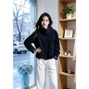 大码胖mm超好看复古立领羊羔毛外套女春秋慵懒风皮毛一体夹克上衣