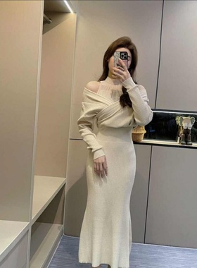 大码胖妹妹时尚设计感网纱拼接针织露肩连衣裙气质收腰显瘦鱼尾裙