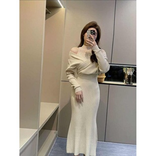大码胖妹妹时尚设计感网纱拼接针织露肩连衣裙气质收腰显瘦鱼尾裙