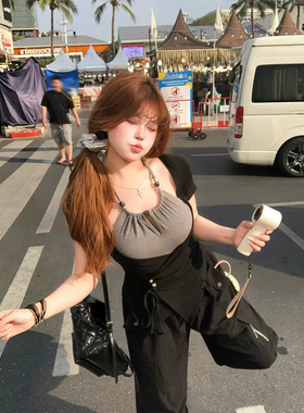 大码胖MM美式辣妹拼接假两件上衣女夏季新款挂脖镂空系带短袖T恤
