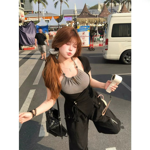 胖MM美式辣妹拼接假两件上衣女