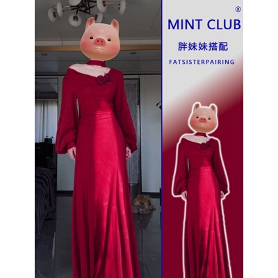 法式设计感红色V领时尚气质长裙