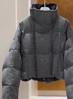 大码胖妹妹爆款冬装灰色立领短款棉衣棉服小众高级感休闲风面包服