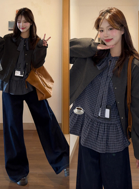 大码胖mm韩系氛围感气质灰色外套荷叶下摆衬衫女秋季时尚穿搭套装