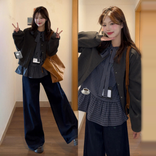 穿搭套装 大码 时尚 女春季 胖mm韩系氛围感气质灰色外套荷叶下摆衬衫