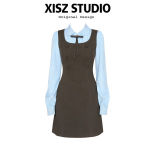 纹拼接衬衫 大码 百搭减龄收腰显瘦短裙女胖mm学院风格 新款 裙子 春季