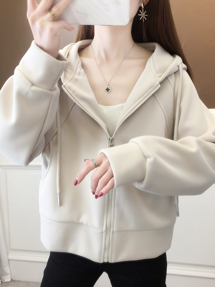 简约连帽小个子卫衣短款外套女2025秋冬新款爆款加绒开衫纯色上衣