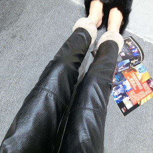 子女毛边休闲裤 松紧腰女裤 加绒时尚 显瘦九分裤 百搭哈伦裤 秋冬皮裤