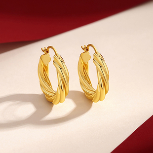 高奢大牌法式 耳环圈圈耳饰hoop 复古极简设计时髦金色麻花编织粗款