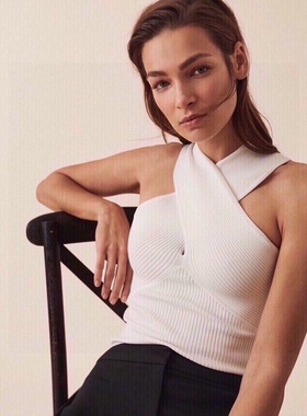 Re外贸纯元 英国进口曲珠 交叉一字肩 挂脖针织背心上衣 多种穿法