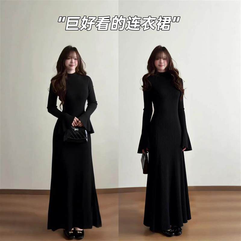 黑色长款裙子女季配大衣内搭修身显瘦巨好看装针织打底连衣裙