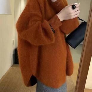 欧货慵懒风橘色浣熊绒毛衣女宽松中长款套头上衣气质减龄针织衫