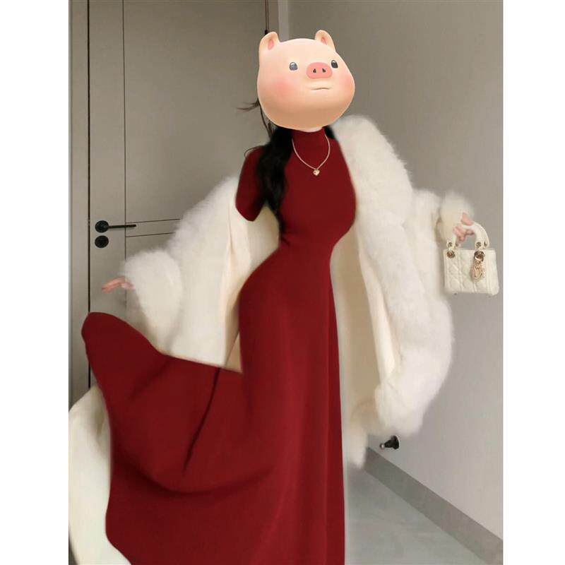 红色修身高领长款裙子女秋季大衣内搭打底轻奢高级感针织连衣裙