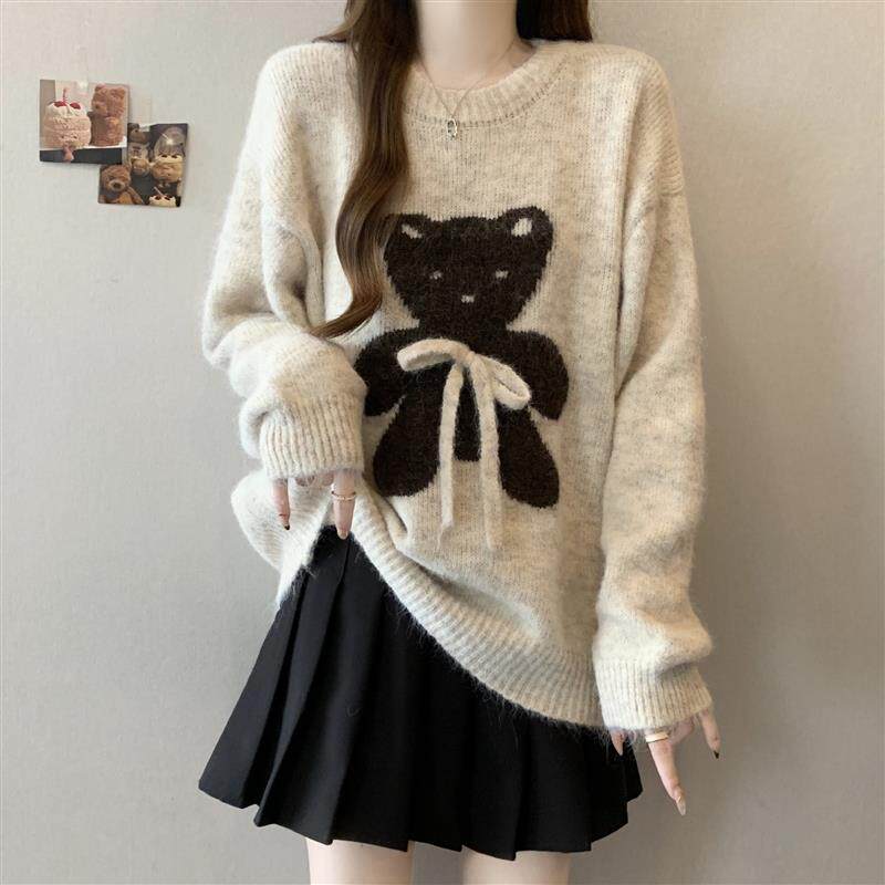 韩版慵懒风卡通小熊蝴蝶结针织毛衣女秋宽松显瘦加厚软糯上衣潮