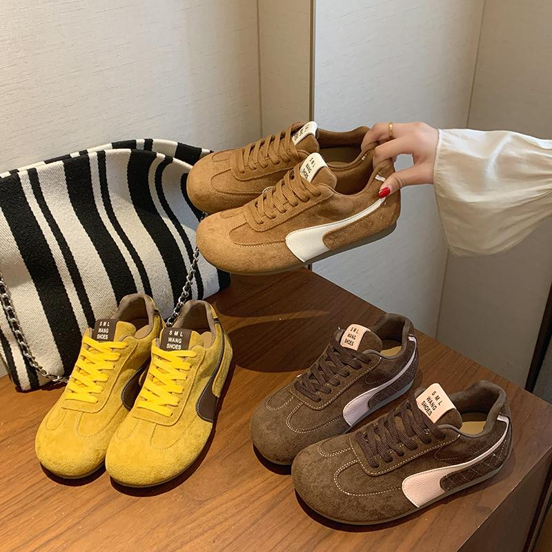 平底2公分百搭时尚绒面阿甘鞋2025春季新款芒果头系带德训鞋