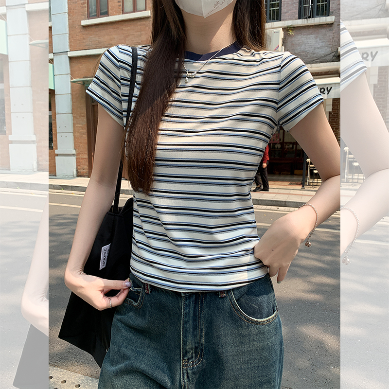 复古撞色条纹设计感内搭修身正肩短袖T恤女2025夏季新款时尚上衣