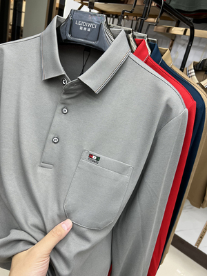 长袖爸爸中老年男有口袋纯色T恤