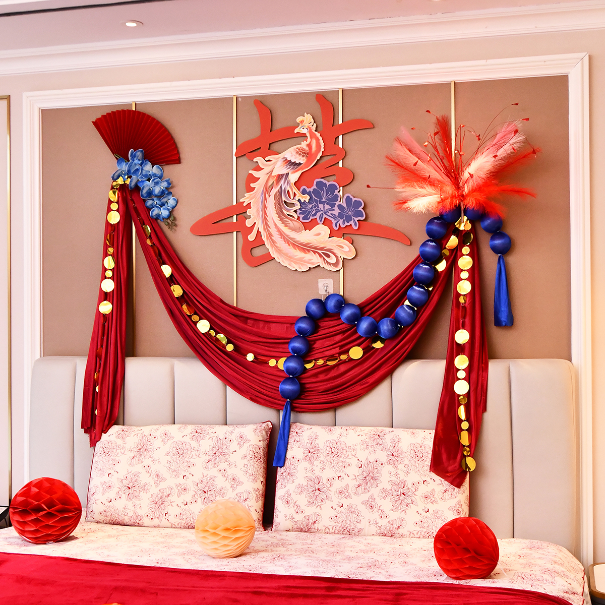 新中式凤凰喜字红蓝婚房套装