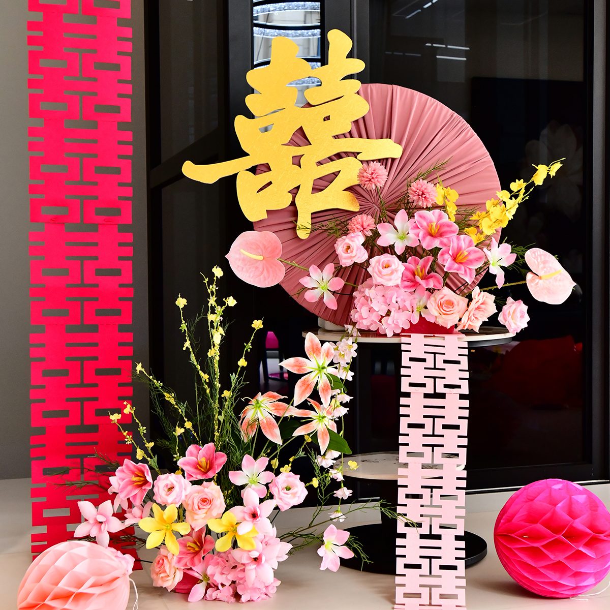 床头布艺圆盘喜字花排摆件