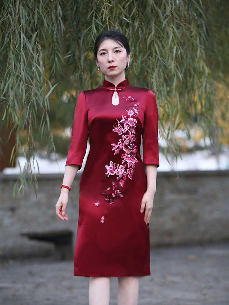 真丝旗袍2022秋冬季新款新娘结婚红色喜婆婆妈妈装中长款连衣裙女