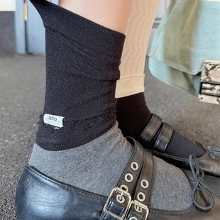 破洞字母布标假两件设计潮拼色个性 新款 中筒袜 欧货高品秋季 袜say