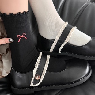 袜say 女袜甜美风木耳边刺绣蝴蝶结中筒袜洋气堆堆袜 2025秋冬新款