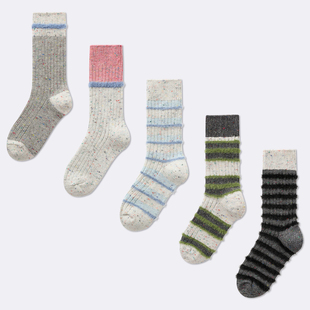 袜say 秋冬条纹撞色羊毛袜子女中筒袜毛绒点子纱加厚保暖堆堆长袜