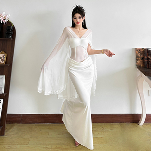 怪诞女孩 缪斯女神飘逸网纱拼接抹胸连衣裙女 低腰修身包臀鱼尾裙