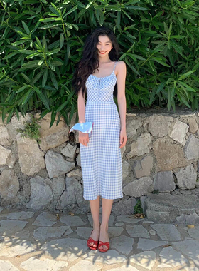 怪诞女孩 易梦玲同款温柔风蓝色格纹吊带连衣裙女 夏日修身中长裙