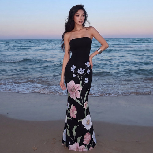 海边度假风花卉印花抹胸连衣裙女