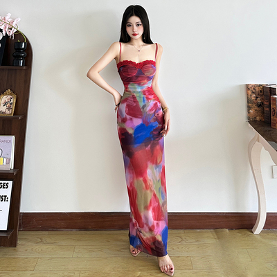 夏日调色盘水彩印花吊带连衣裙女