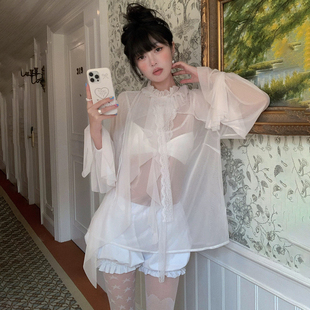 怪诞女孩 设计感轻纱透视花边灯笼袖衬衫女 夏季性感外搭罩衫上衣