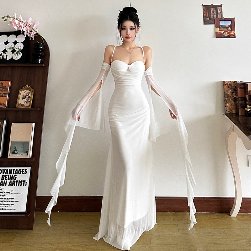 怪诞女孩 法式风超仙纯白网纱吊带连衣裙女 飘逸修身收腰仙女长裙