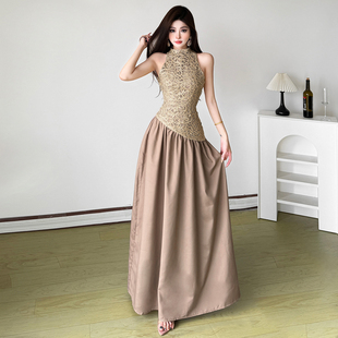 气质晚礼服拼接长裙 连衣裙女 怪诞女孩 轻奢复古钩花镂空缎面无袖