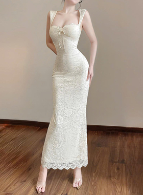 怪诞女孩 优雅性感肌理提花蕾丝吊带连衣裙女 显身材收腰包臀长裙