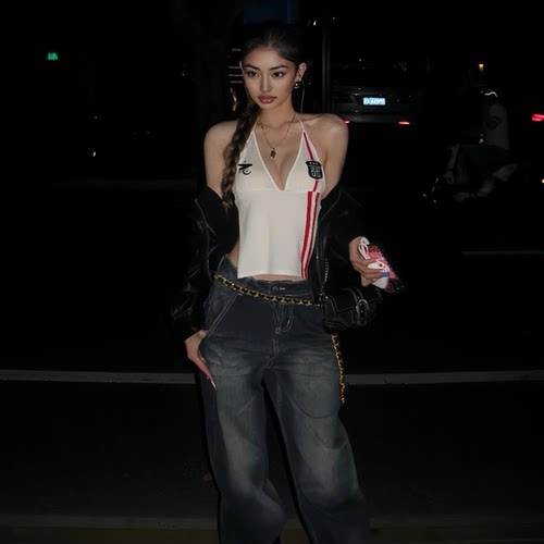 美式辣妹球衣风V领系带挂脖背心
