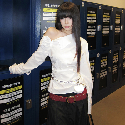 韩系风设计感翻领露肩长袖衬衫女