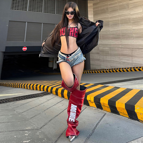 美式辣妹字母拼接PU皮配饰靴套女