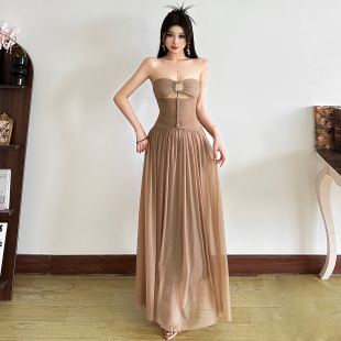 怪诞女孩 希腊女神性感镂空褶皱抹胸连衣裙女 卡其色拼接网纱长裙